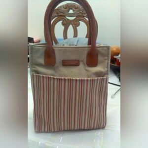 BNWOT LONGABERGER HOMESTEAD FAB. SMALL TOTE TAN W/ STRIPES CANVAS SNAP CLOSURE